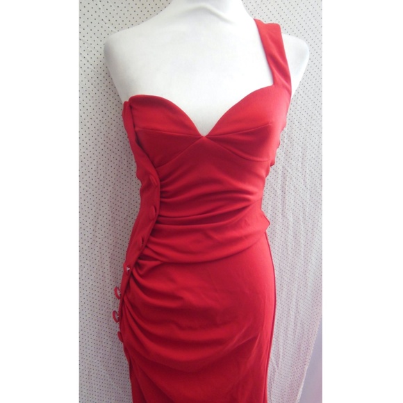 NEW ASOS DESIGN Red ONE SHOULDER Ruched SIDE BUTTON Maxi Dress GOWN US 4 (fit 2) - Picture 5 of 16